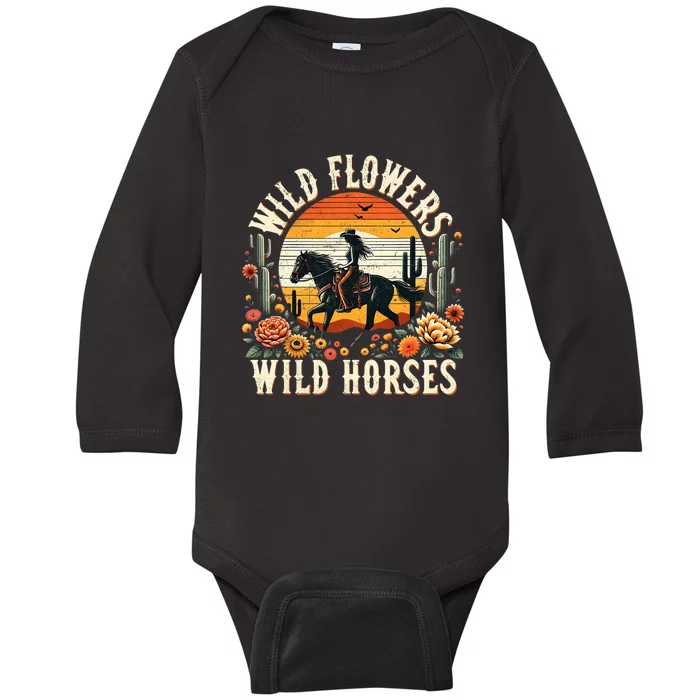 Sunset Cowgirl Riding Horse Wild Flowers Wild Horses Baby Long Sleeve Bodysuit