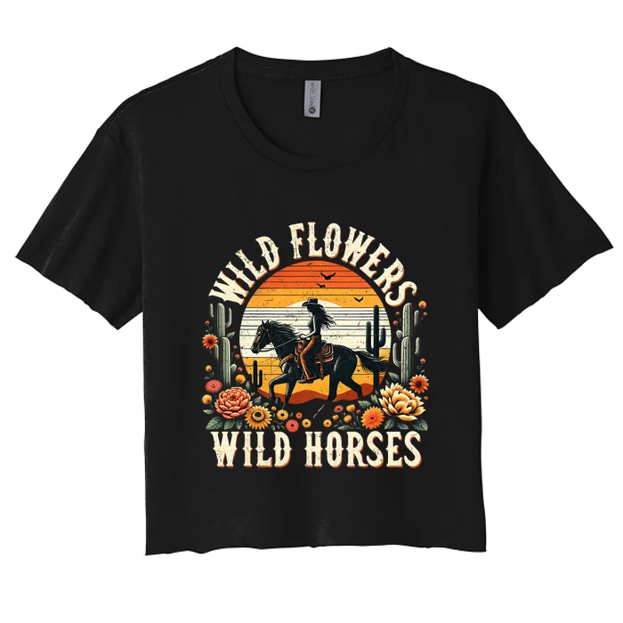 Sunset Cowgirl Riding Horse Wild Flowers Wild Horses Women's Crop Top Tee