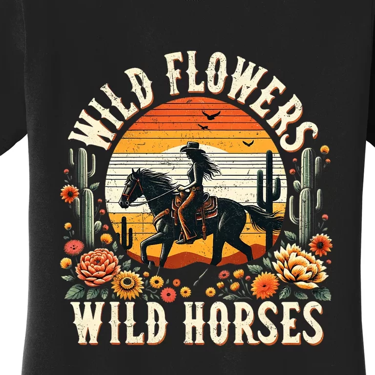 Sunset Cowgirl Riding Horse Wild Flowers Wild Horses Women's T-Shirt