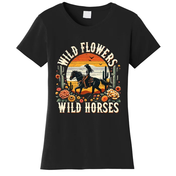 Sunset Cowgirl Riding Horse Wild Flowers Wild Horses Women's T-Shirt