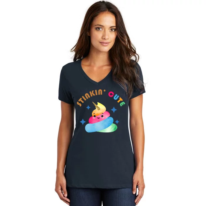 Stinkin Cute Rainbow Poop Unicorn Emoji Women's V-Neck T-Shirt