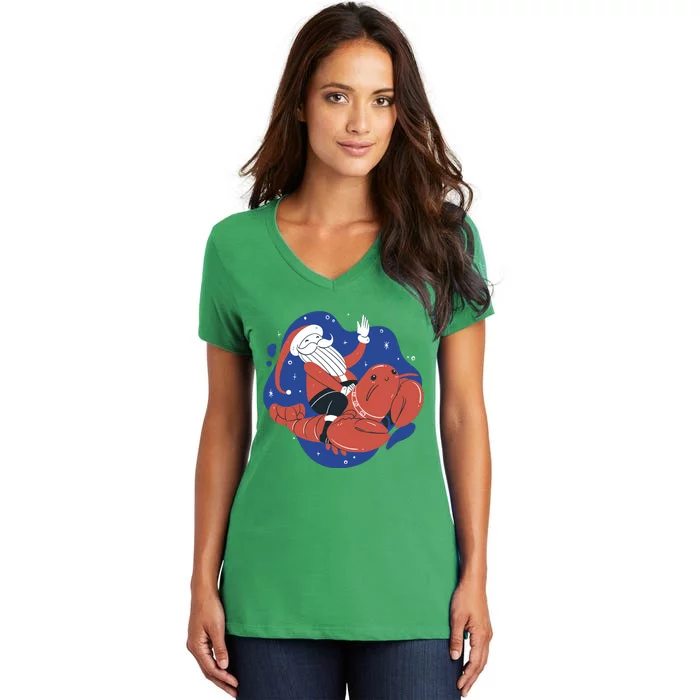 Santa Claus Riding Lobster Women's V-Neck T-Shirt