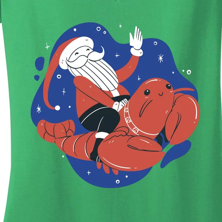 Santa Claus Riding Lobster Women's V-Neck T-Shirt