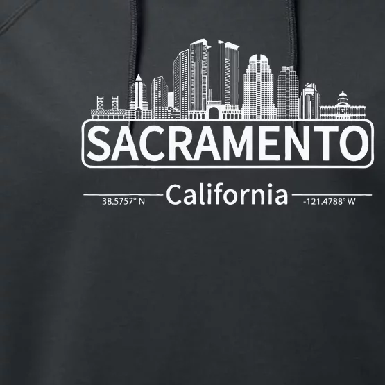 Sacramento California Skyline Travel To Sacramento Performance Fleece Hoodie