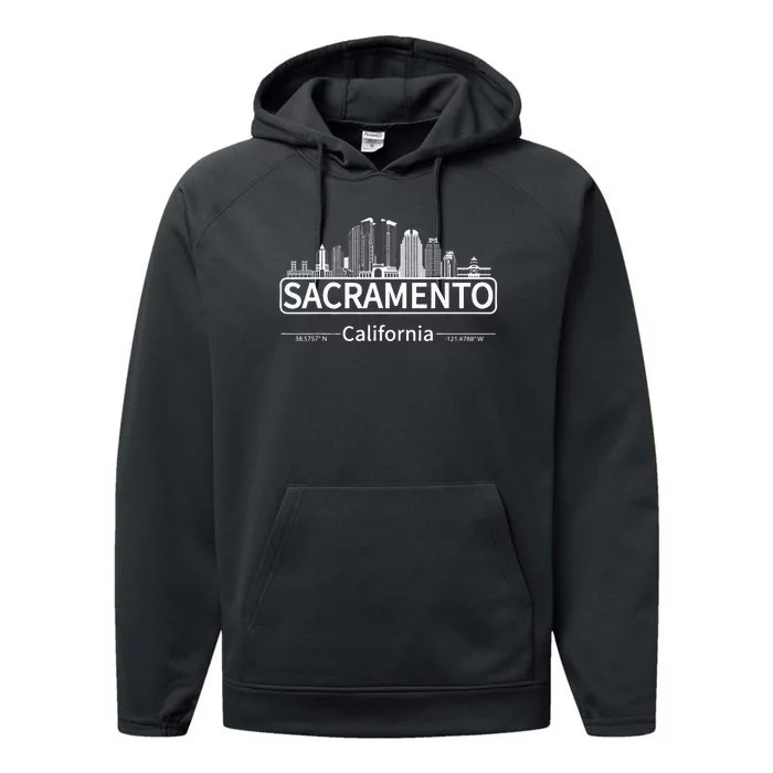 Sacramento California Skyline Travel To Sacramento Performance Fleece Hoodie