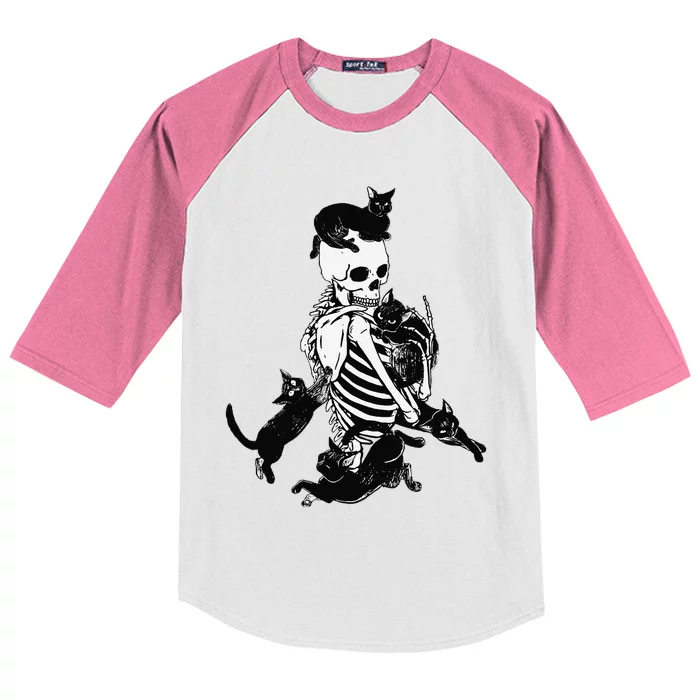 Skeleton Cat Skull Kitty Cute Cat Goth Halloween Kids Colorblock Raglan Jersey