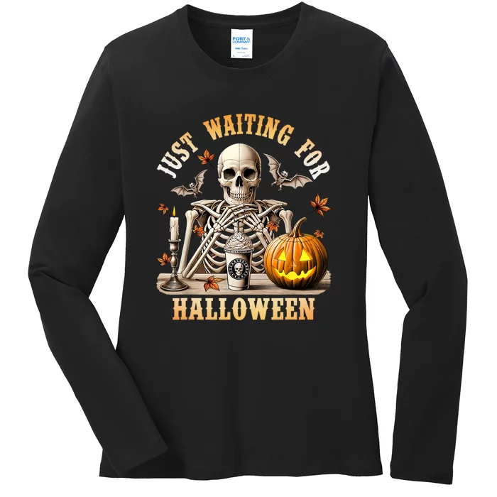 Skeleton Coffee Spooky Season Just Waiting For Halloween Ladies Long Sleeve Shirt