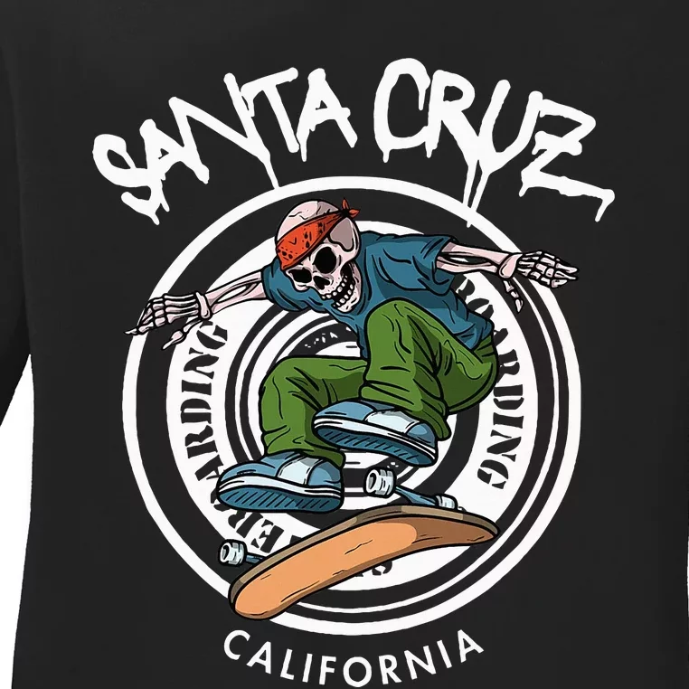 Santa Cruz Skater Laid Back California Skeleton Skateboarder Ladies Long Sleeve Shirt