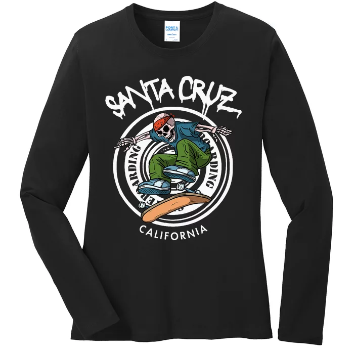 Santa Cruz Skater Laid Back California Skeleton Skateboarder Ladies Long Sleeve Shirt