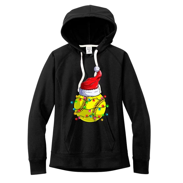 Softball Christmas Santa Hat Funny Softball Xmas Holiday Gift Women's Fleece Hoodie