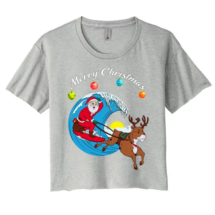 Surfing Christmas Santa Claus Is Coming To Town Gift Women's Crop Top Tee