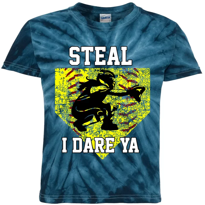 Softball Catcher Steal I Dare Ya Funny Player Girl Kids Tie-Dye T-Shirt