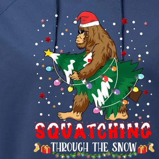 Sasquatch Christmas Squatching Bigfoot Santa Xmas Tree Light Performance Fleece Hoodie