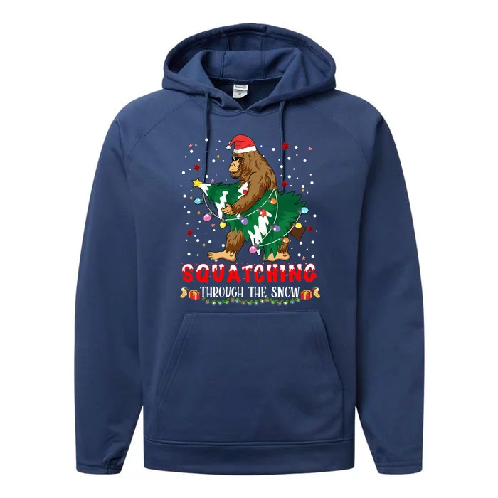 Sasquatch Christmas Squatching Bigfoot Santa Xmas Tree Light Performance Fleece Hoodie