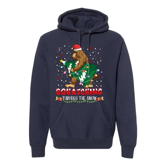 Sasquatch Christmas Squatching Bigfoot Santa Xmas Tree Light Premium Hoodie