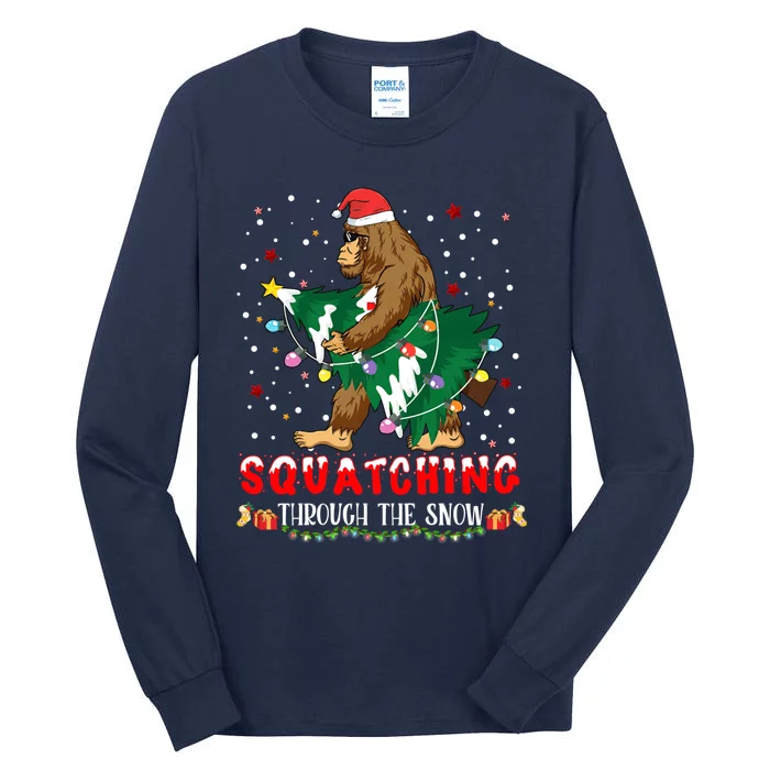 Sasquatch Christmas Squatching Bigfoot Santa Xmas Tree Light Tall Long Sleeve T-Shirt