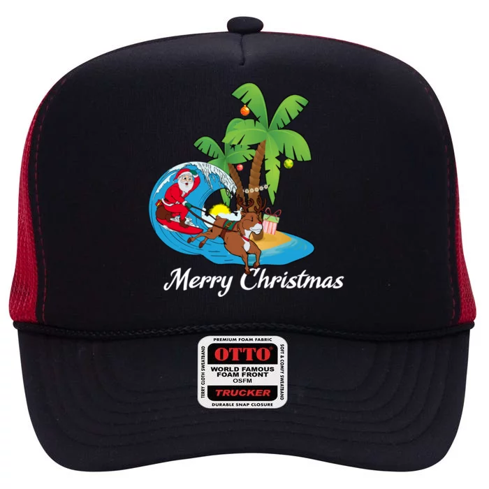 Surfing Christmas Santa Claus Comes To The City Funny Gift High Crown Mesh Trucker Hat