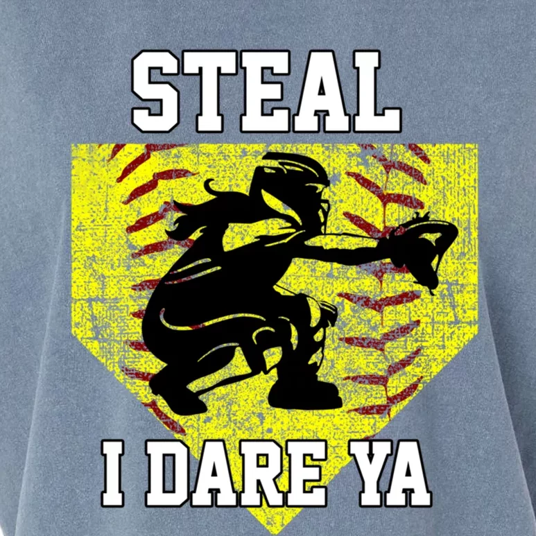 Softball Catcher Steal I Dare Ya Funny Player Gift Garment-Dyed Women's Muscle Tee