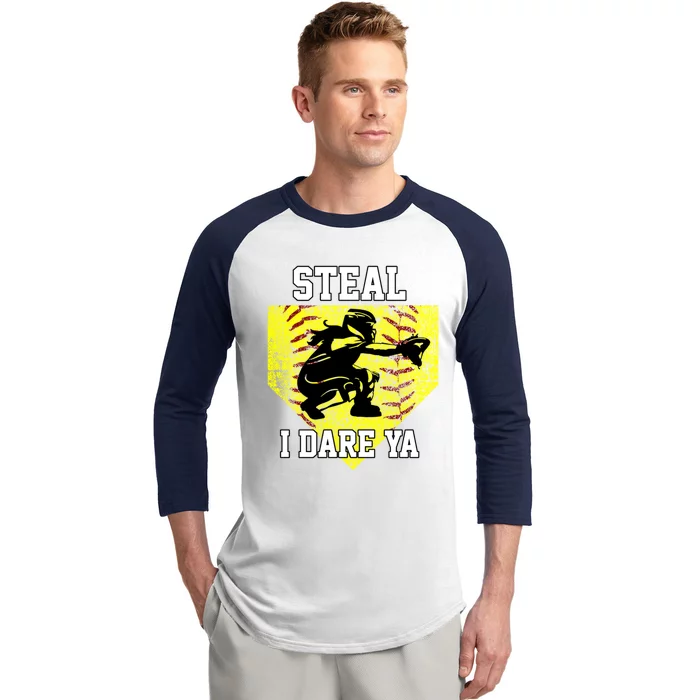 Softball Catcher Steal I Dare Ya Funny Player Gift Baseball Sleeve Shirt