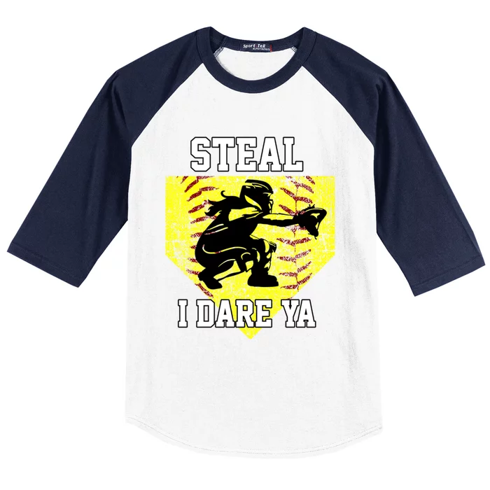 Softball Catcher Steal I Dare Ya Funny Player Gift Baseball Sleeve Shirt