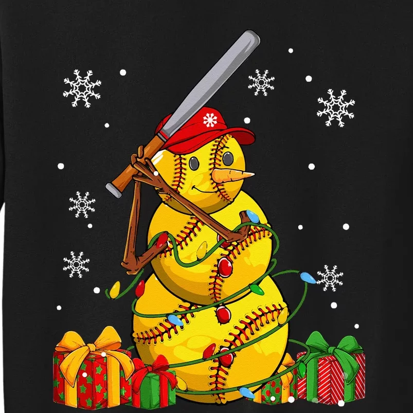 Softball Christmas Snowman Wearing Santa Hat Pajamas Sweatshirt