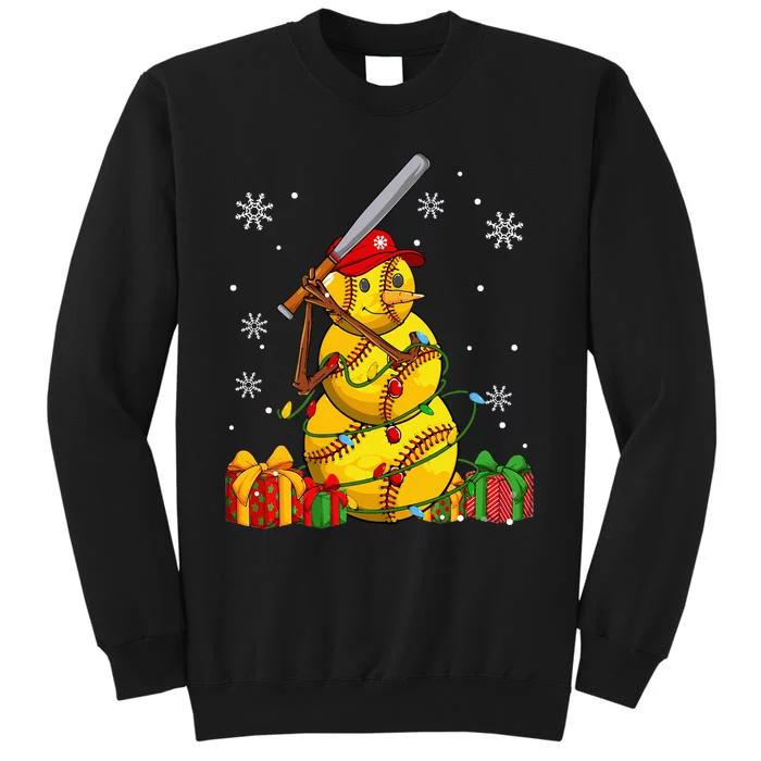 Softball Christmas Snowman Wearing Santa Hat Pajamas Sweatshirt