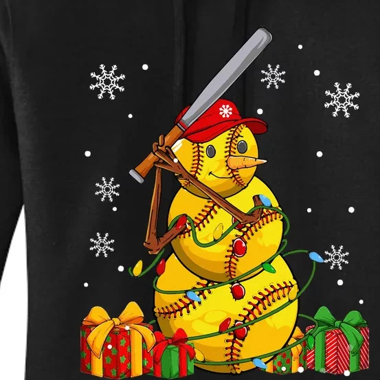 Softball Christmas Snowman Wearing Santa Hat Pajamas Women's Pullover Hoodie