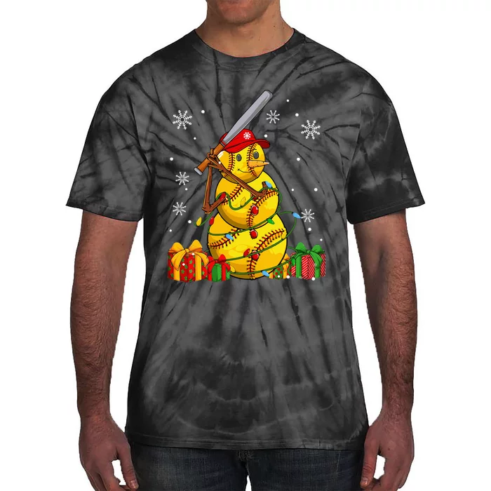 Softball Christmas Snowman Wearing Santa Hat Pajamas Tie-Dye T-Shirt