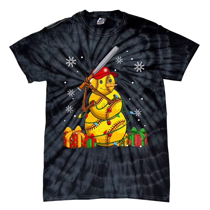 Softball Christmas Snowman Wearing Santa Hat Pajamas Tie-Dye T-Shirt