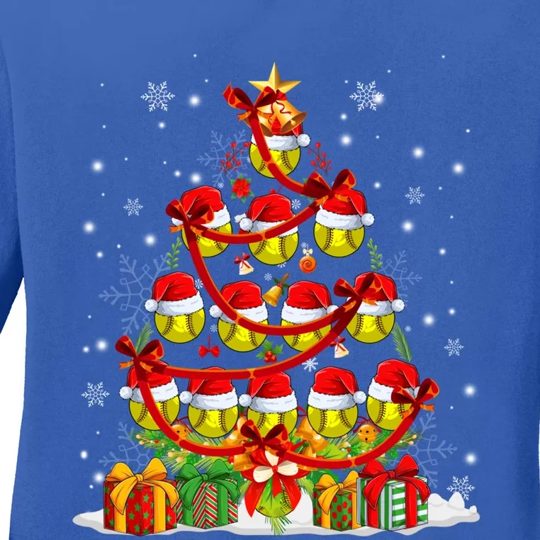 Santa Claus Softball Ball Xmas Tree Lights Merry Christmas Gift Ladies Long Sleeve Shirt