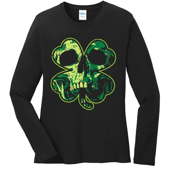 Shamrock Clover Skull Cool Irish St Patricks Day Ladies Long Sleeve Shirt