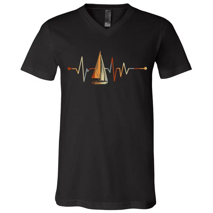 Sea Captain Sail Boat Heartbeat Boat Sailing V-Neck T-Shirt