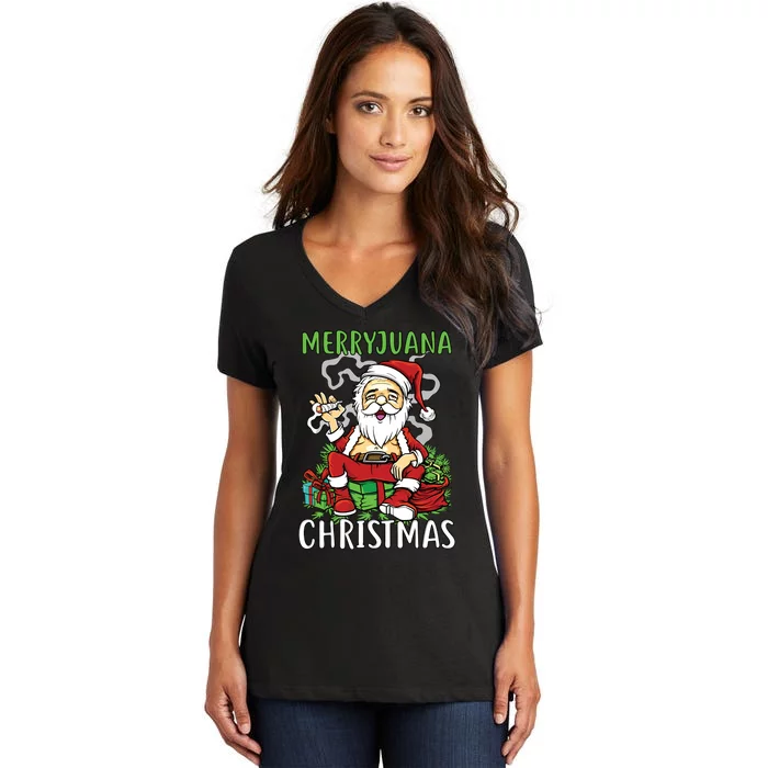 Santa Claus Smoking Weed Marryjuana Christmas 420 Women's V-Neck T-Shirt