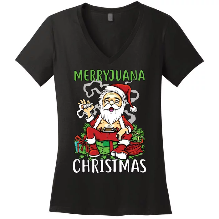 Santa Claus Smoking Weed Marryjuana Christmas 420 Women's V-Neck T-Shirt