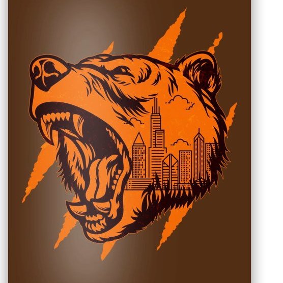 Sporty Chicago Skyline Roaring Bear Poster