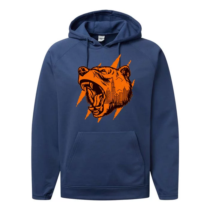 Sporty Chicago Skyline Roaring Bear Performance Fleece Hoodie