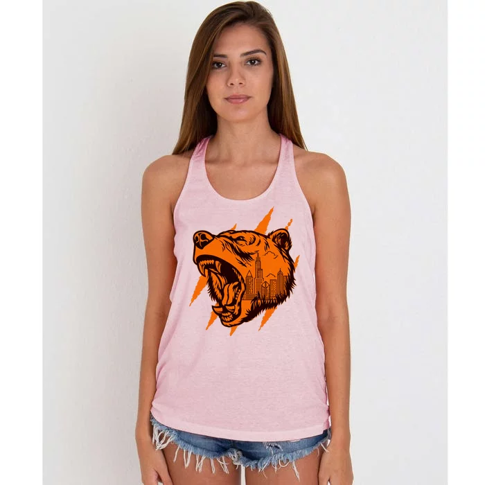 Sporty Chicago Skyline Roaring Bear Women's Knotted Racerback Tank