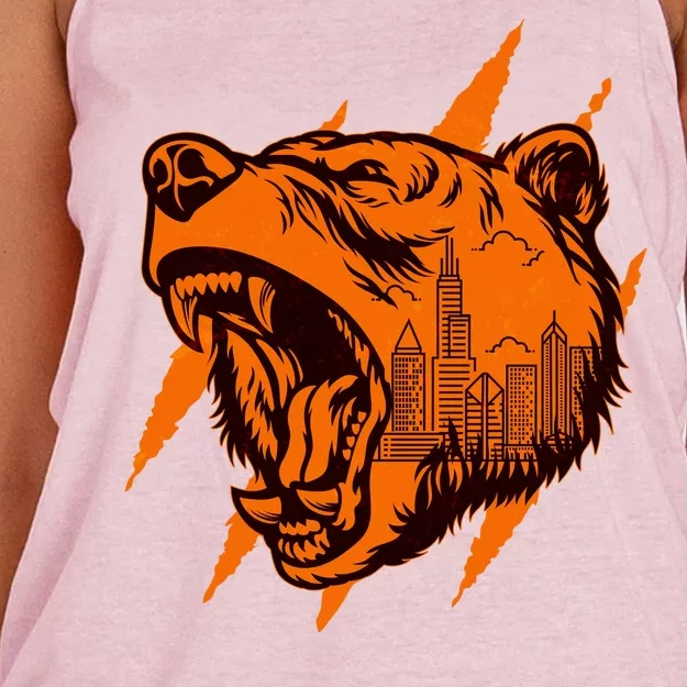 Sporty Chicago Skyline Roaring Bear Women's Knotted Racerback Tank