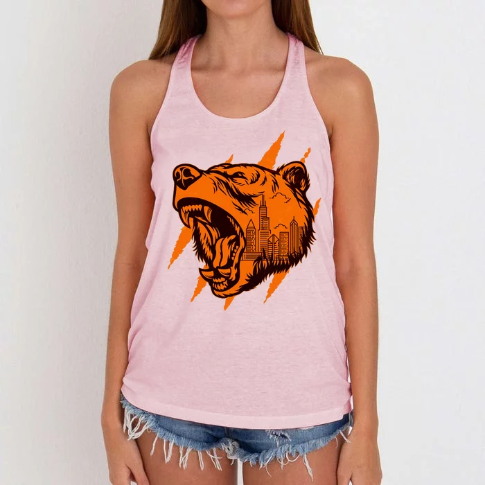 Sporty Chicago Skyline Roaring Bear Women's Knotted Racerback Tank