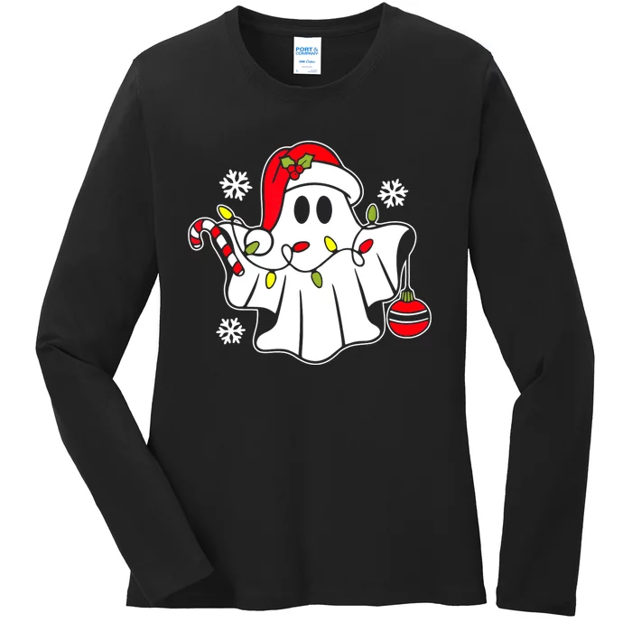 Spooky Christmas Santa Ghost Ladies Long Sleeve Shirt