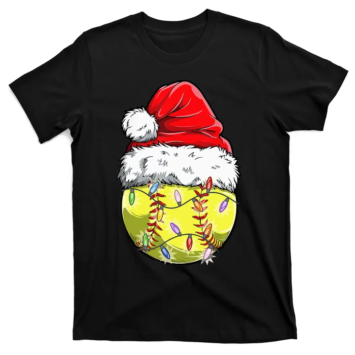 Softball Christmas Santa Hat Funny Softball Xmas Holiday T-Shirt