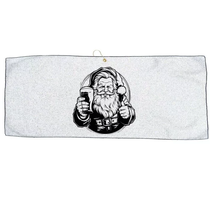 Santa Claus Smiling And Holding A Beer Glass Large Microfiber Waffle Golf Towel