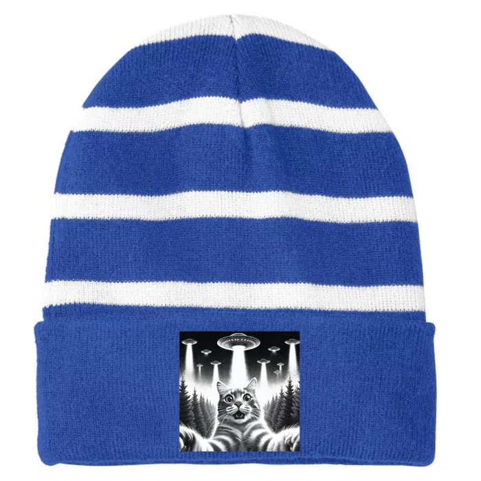 Scared Cat Selfie with UFOs Striped Beanie with Solid Band