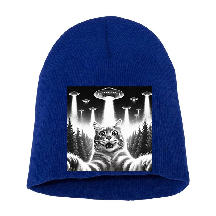 Scared Cat Selfie with UFOs Short Acrylic Beanie