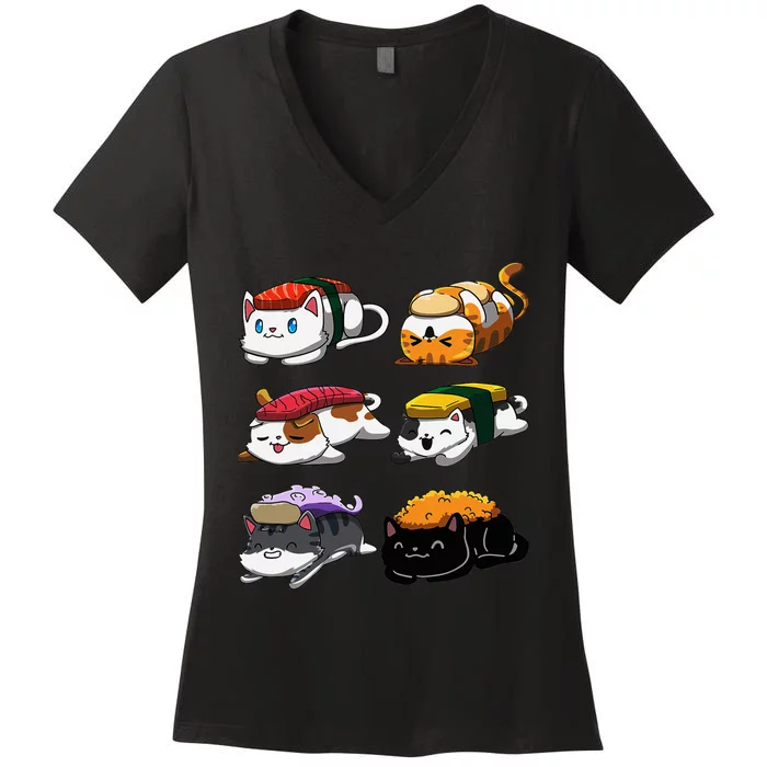 Sushi Cats Sushi Lover Cat Lover Kawaii Anime Neko Women's V-Neck T-Shirt