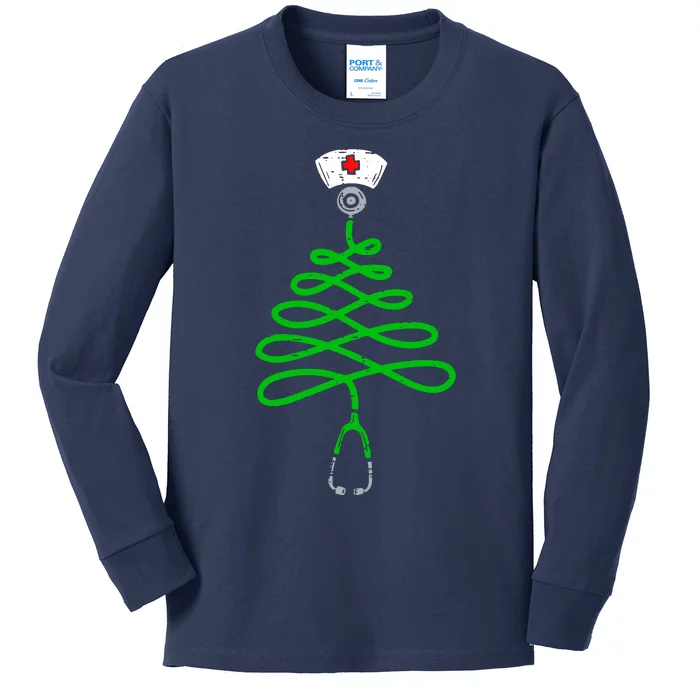 Stethoscope Christmas Tree Nurse Christmas Scrub Top Xmas Kids Long Sleeve Shirt