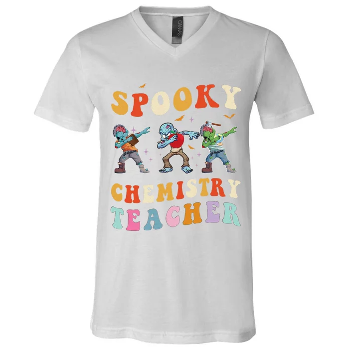 Spooky Chemistry Teacher Zombie Groovy Halloween Ghost V-Neck T-Shirt