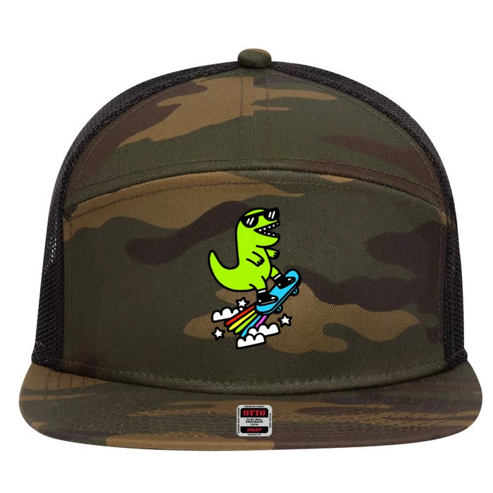 Super Cool Trex Dinosaur Taking Skateboard 7 Panel Mesh Trucker Snapback Hat