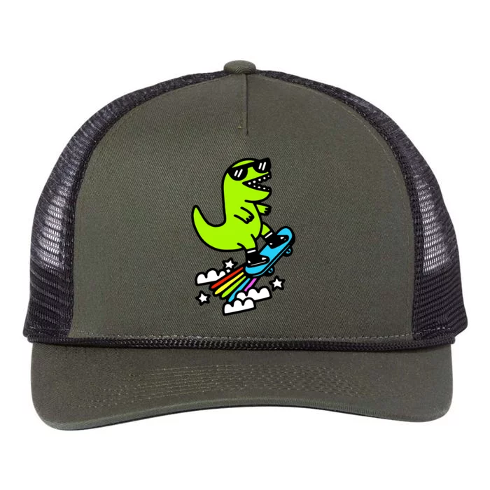 Super Cool Trex Dinosaur Taking Skateboard Retro Rope Trucker Hat Cap