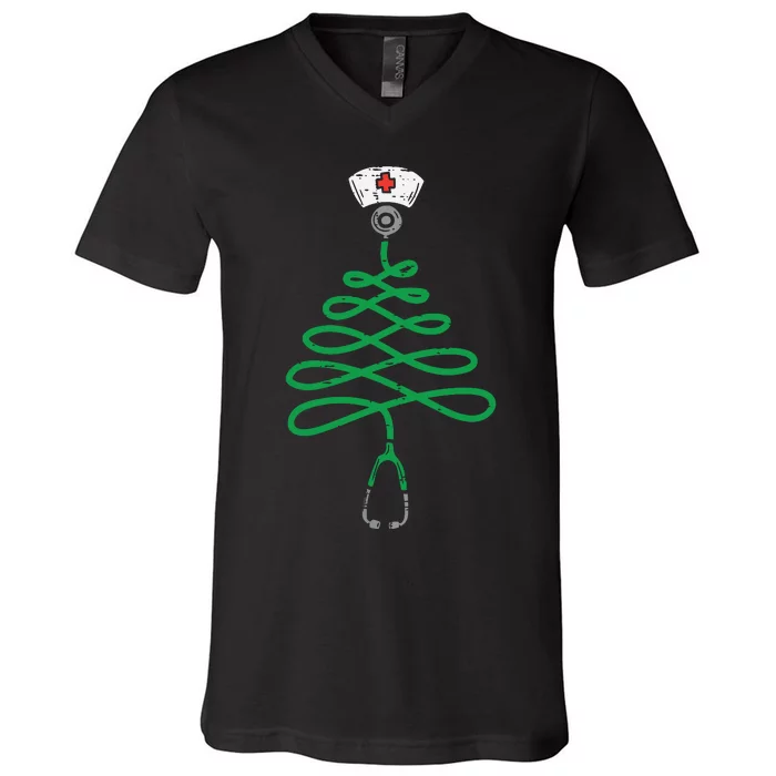 Stethoscope Christmas Tree Nurse Christmas Scrub Top Xmas V-Neck T-Shirt